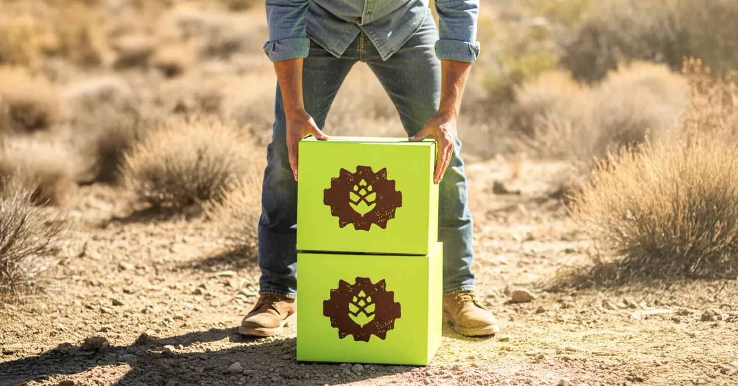 Person holding branded crates in the desert