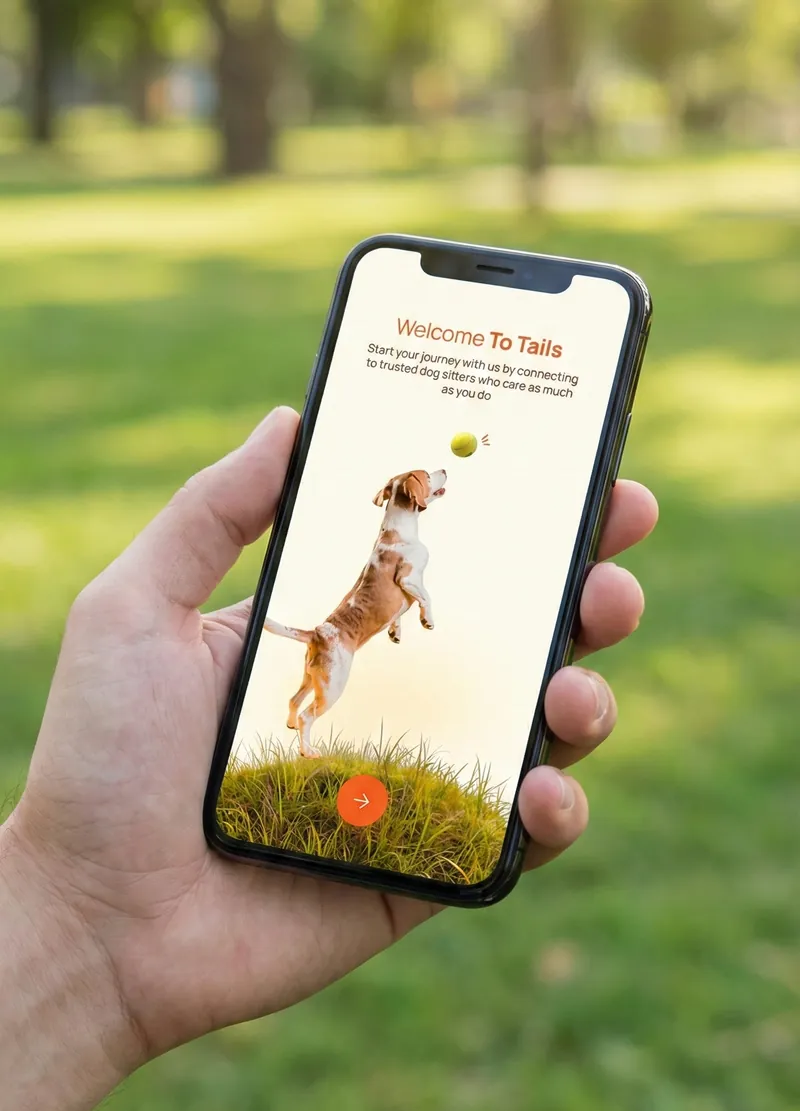 Hand holding a phone with the Tails app in a park